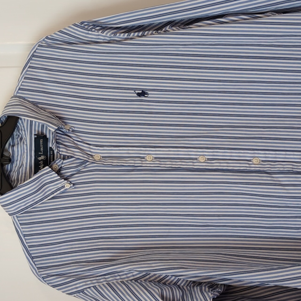 Ralph Lauren Blue Striped Classic Fit Button Down Dress Shirt. Size XL
